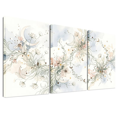 Ensemble de 3 toiles délicates à motif floral de vignes avec lunes et étoiles