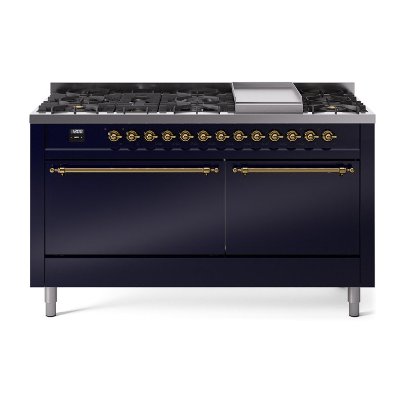 ILVE Nostalgie II Series 60 inch Dual Fuel Range with 9 Sealed Burners, Griddle (Solid Door), Natural Gas, Blue/Brass