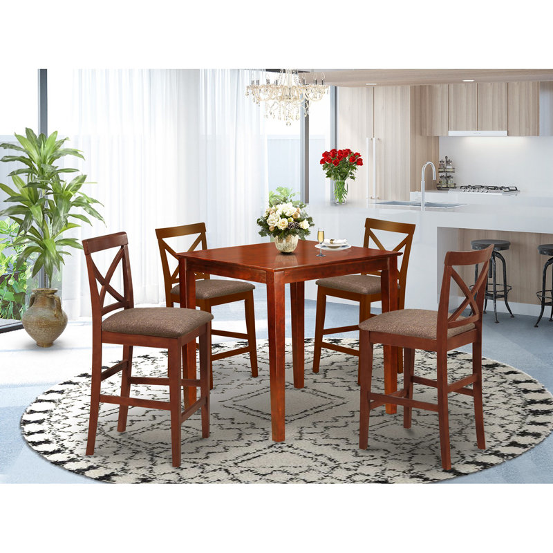 Ensemble bistro 5 pièces à hauteur de comptoir comprenant une table carrée et 4 chaises de cuisine en tissu de lin, brun