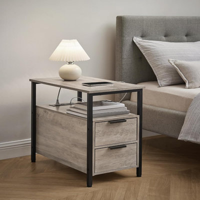 Table d'appoint latérale avec station de charge, table de chevet mince à 2 tiroirs, table de chevet étroite pour le salon, la chambre à coucher et les petits espaces, Heather Greige et noir encre