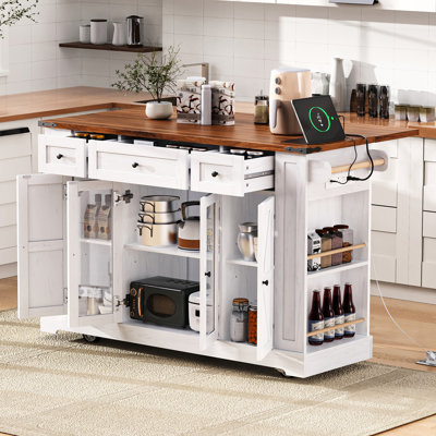 Kitchen Island With Glass Cabinet Doors, Rolling Cart With Drop Leaf, 3 Drawers, 5 Open Shelves, Power Outlet, White
