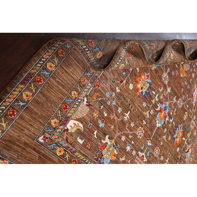Tapis brun en laine noué à la main de conception unique 8 pi 2 po x 10 pi 0 po New Age