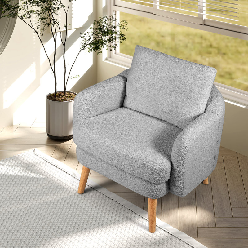 Chaise d'appoint en sherpa avec coussin de siège et pieds en bois d'hévéa pour la chambre à coucher, Fausse fourrure grise