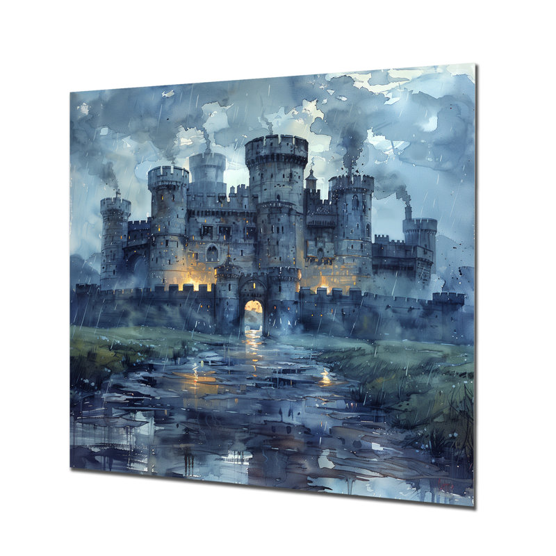 Bleu moyen-âge, château, nuit I - Fortress Wall Art Living Room, Métal métal, H 36 po x l 36 po