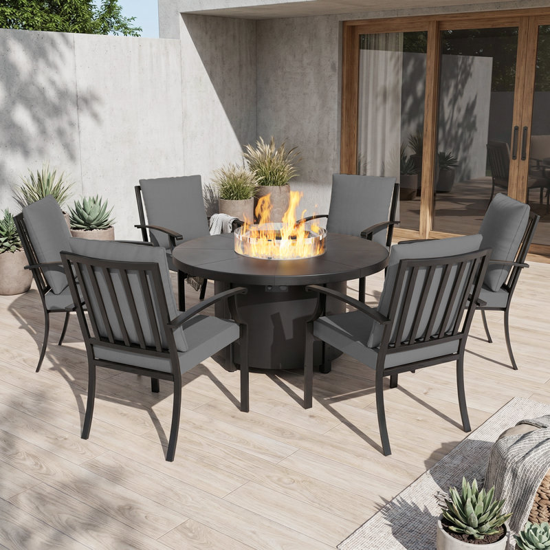Ensemble repas d'extérieur 7 pièces avec table à gaz en aluminium de 48 po (40 000 BTU) et 6 chaises empilables à haut dossier