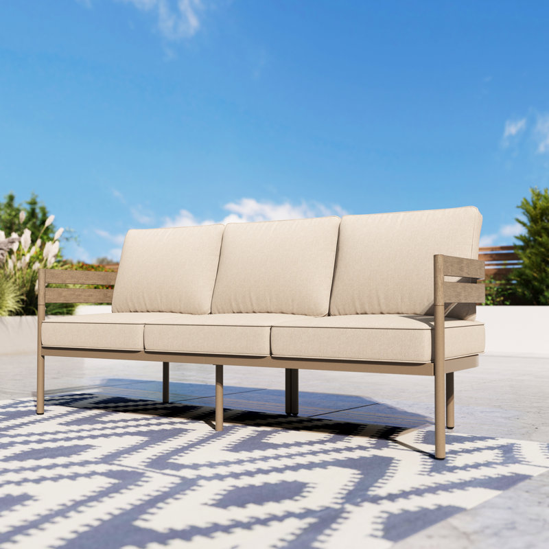 Outdoor Sofa – Faux Wood Frame, Weather-resistant Cushions