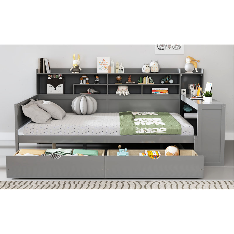 Lit de jour gris en bois pleine grandeur avec rangement et bureau d'étude pour une gestion efficace de l'espace multifonctionnel dans la chambre à coucher