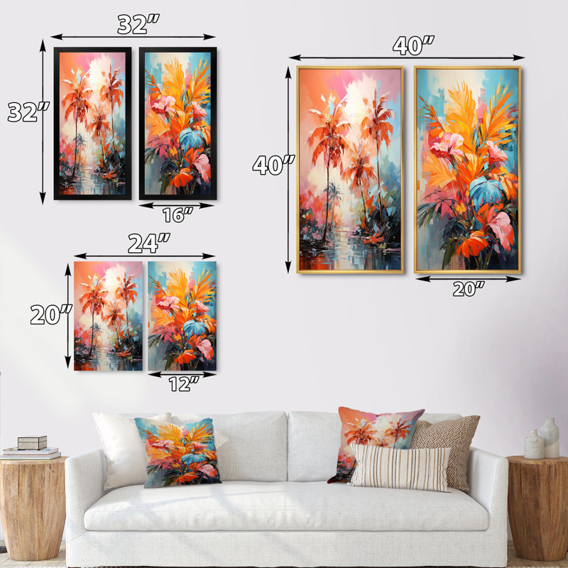 «Orange Pink Palm Trees Abstract», 2 pièces, H 32 po x l 32 po, Encadrement doré