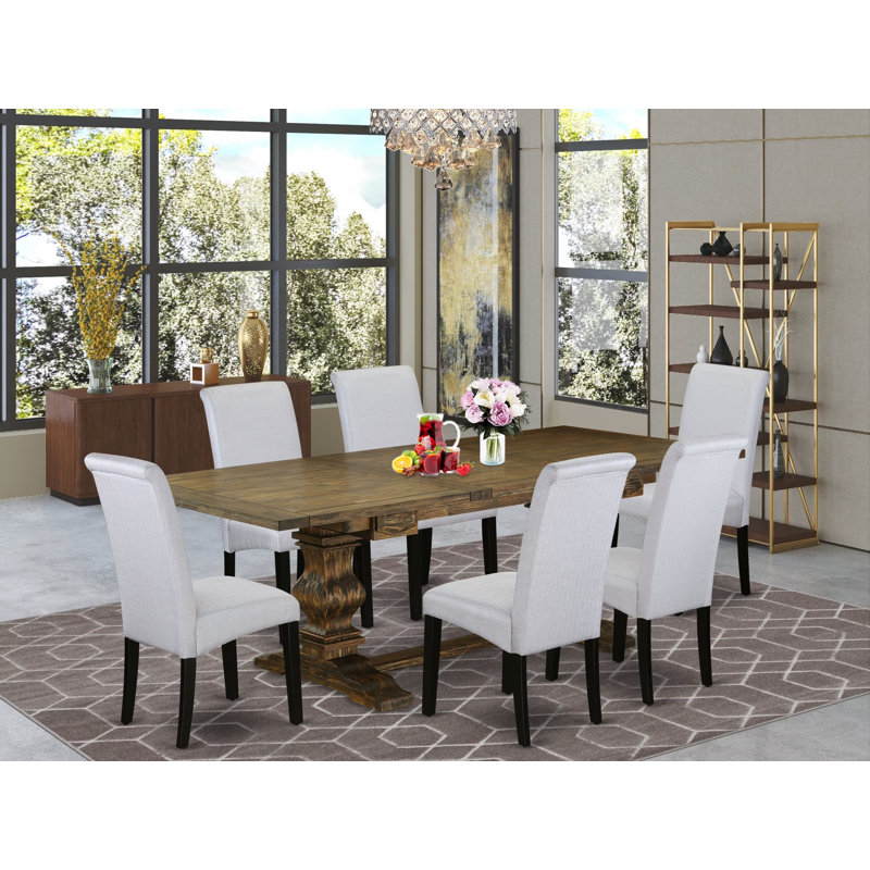 7 Piece Kitchen Table Set Consist of a Rectangle Dining Table with Removable Leaf and 6 Grey Linen Fabric Parsons Dining Chairs, Jacobean