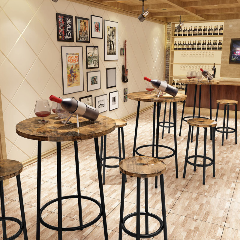Modern Round Bar Table Set for Small Spaces - 2 Stools with Footrest