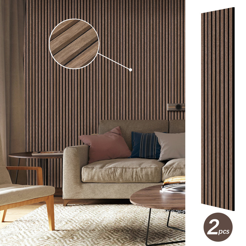 Panneau mural acoustique à 3 côtés en placage de bois véritable - Grille en polyester à lattes insonorisantes pour le salon, le studio ou la salle de musique - Finition naturelle, installation facile