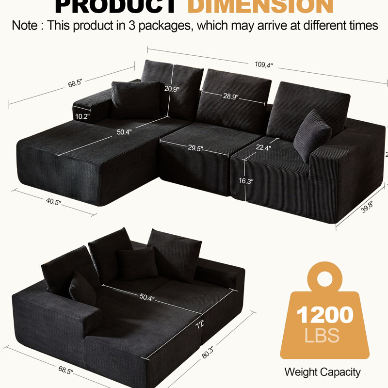 Canapé modulaire moderne en L avec méridienne, canapé Cloud, siège à 3 places, revêtement en velours côtelé, assemblage doux moyen, noir, mousse complète, pour le travail à domicile, fabrication en mousse noire, socialisation dans le salon