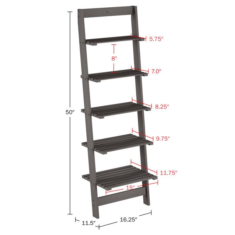 Lavish Home 23.5"L x 16.5"W x 71"H Freestanding 5-Tier Wood Ladder Bookshelf, Gray, Gray