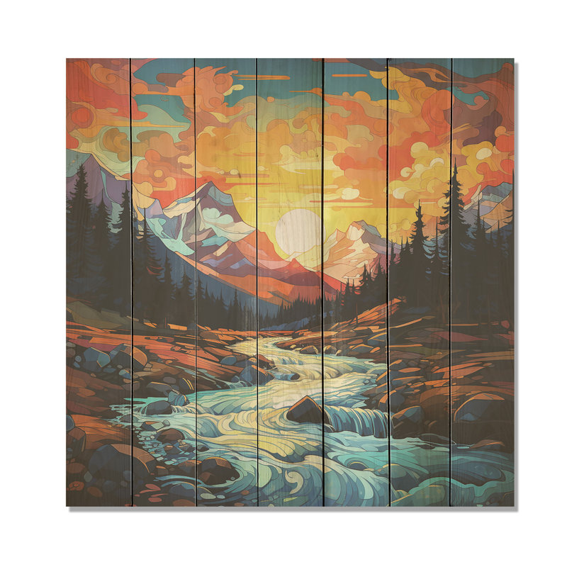 Colorful Sunset River Mountains Horizon II - Fruits On Wood Print, 15" H x 15" W