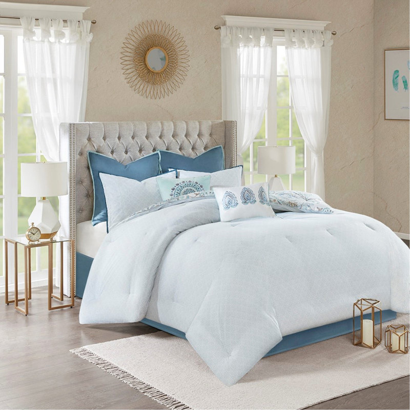 Ensemble d'édredon réversible à imprimé floral en coton 8 pièces grand bleu, Édredon grand + 7 pièces supplémentaires