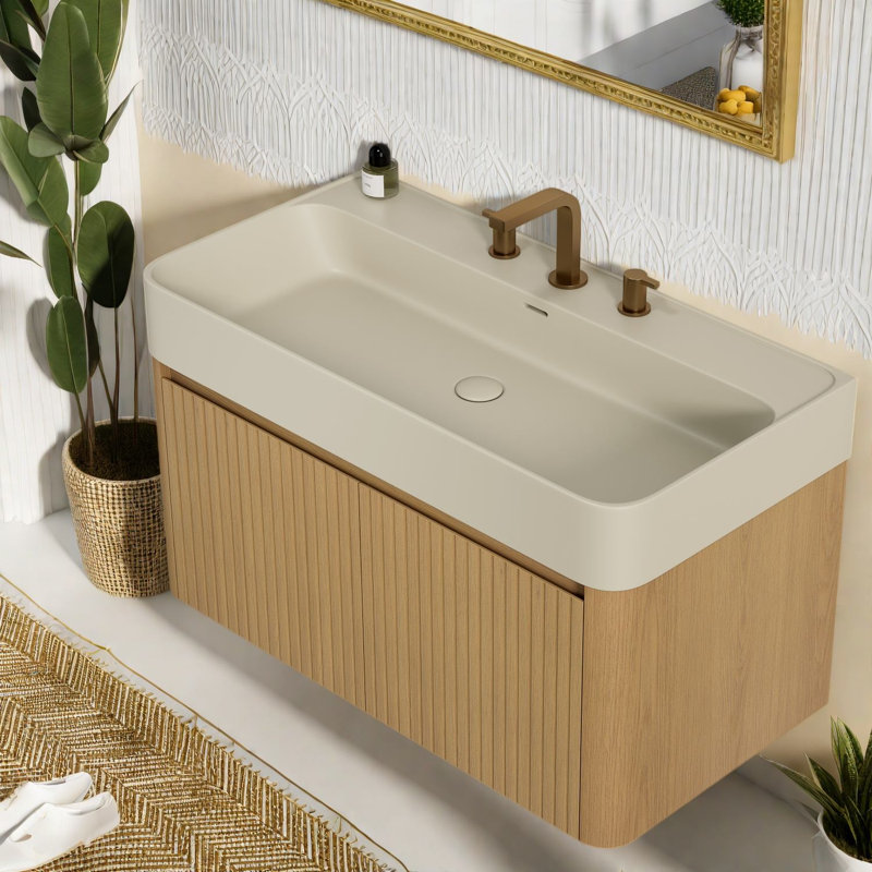 Meuble-lavabo flottant et lavabo flottant, rangement pour salle de bain grain de bois moderne de 36 pouces, 35.43