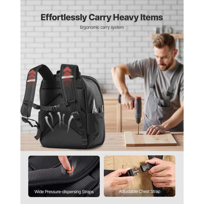Tool Backpack, 49 Pockets, Heavy-Duty Tools Storage Organizer Work Bags With Laptop Compartment & Reinforced Fabric Base, Electrician Jobsite Backpack For Electrician, Repairman