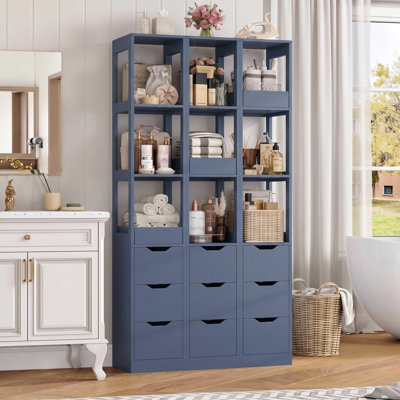 Ensemble de 3 grandes armoires de rangement étroites pour salle de bain - Tour d'organisation verticale compacte avec tablettes ouvertes, bac en bois et 3 tiroirs pour articles de toilette, soins de la peau et bijoux, bleu