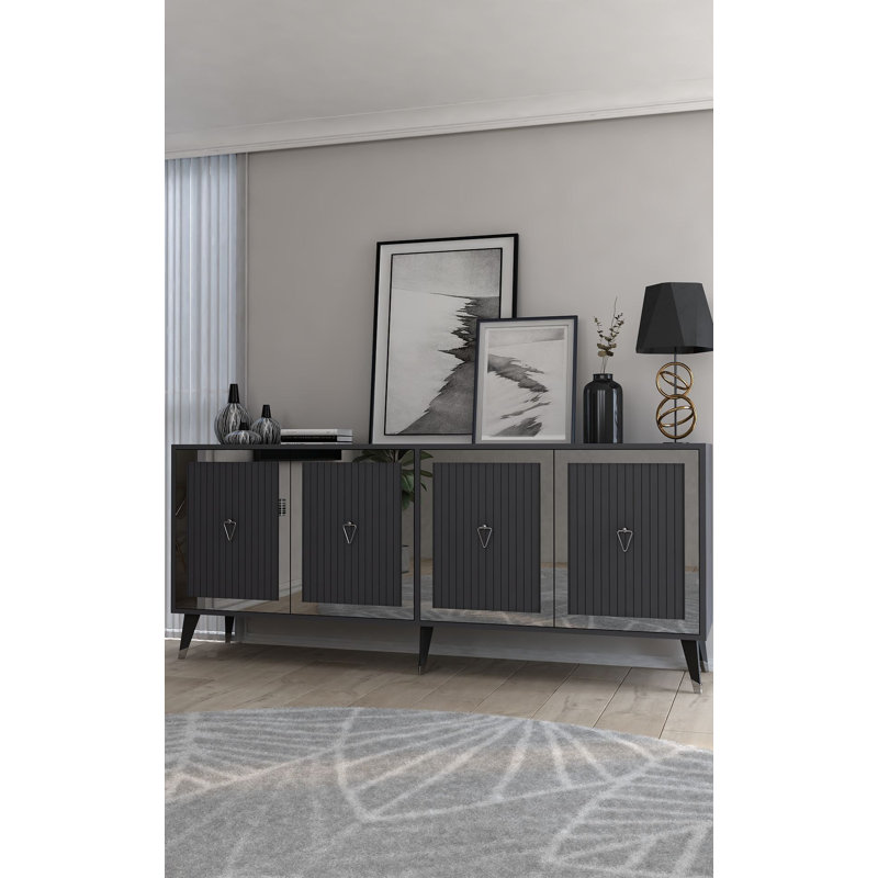 Console moderne avec option de fixation murale, anthracite et argent, panneau de particules recouvert de mélamine à 100%, épaisseur: 0,7 pouce | Plusieurs tablettes pour un rangement et une organisation élégants