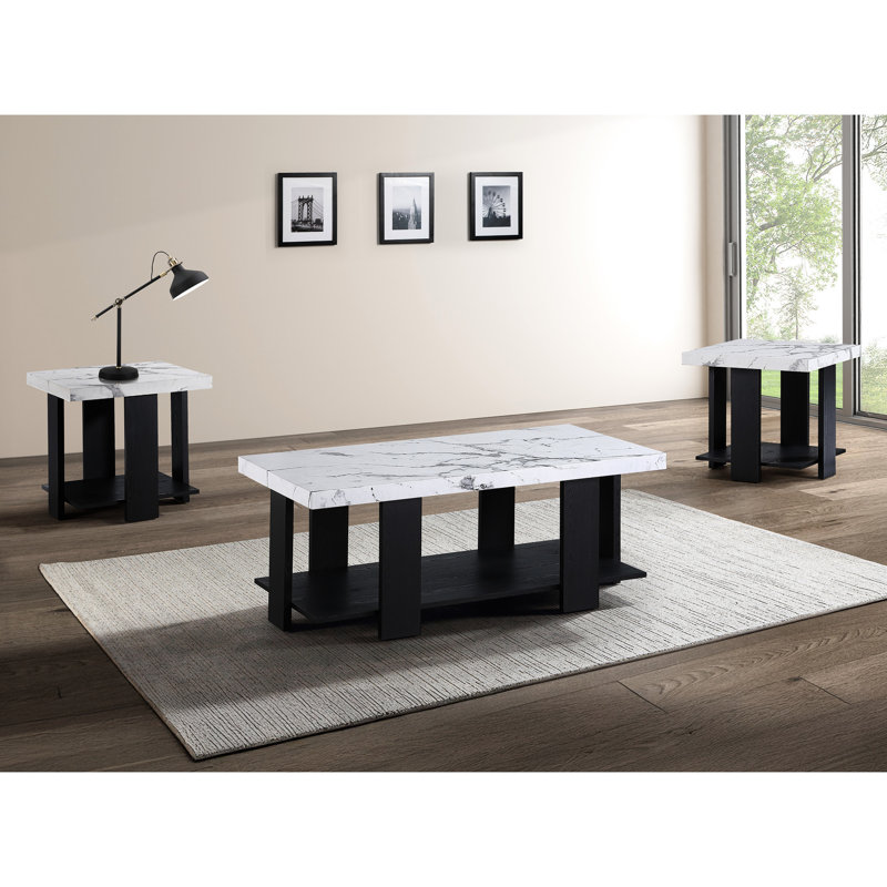 3 salons - cocktail gris avec table basse rectangulaire en faux marbre blanc et deux tables de bout carrées, conception moderne, tables à installation rapide et sans effort pour l'espace principal, assemblage facile