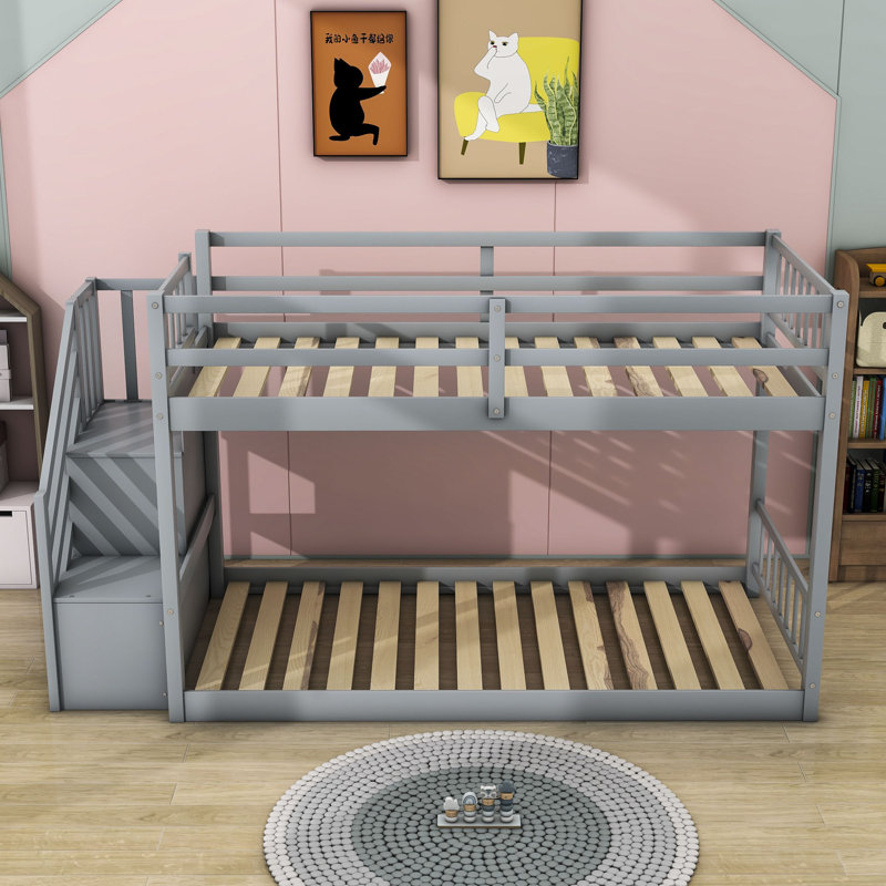 Lit superposé simple au-dessus de simple avec escalier de rangement Kendry Kids, gris