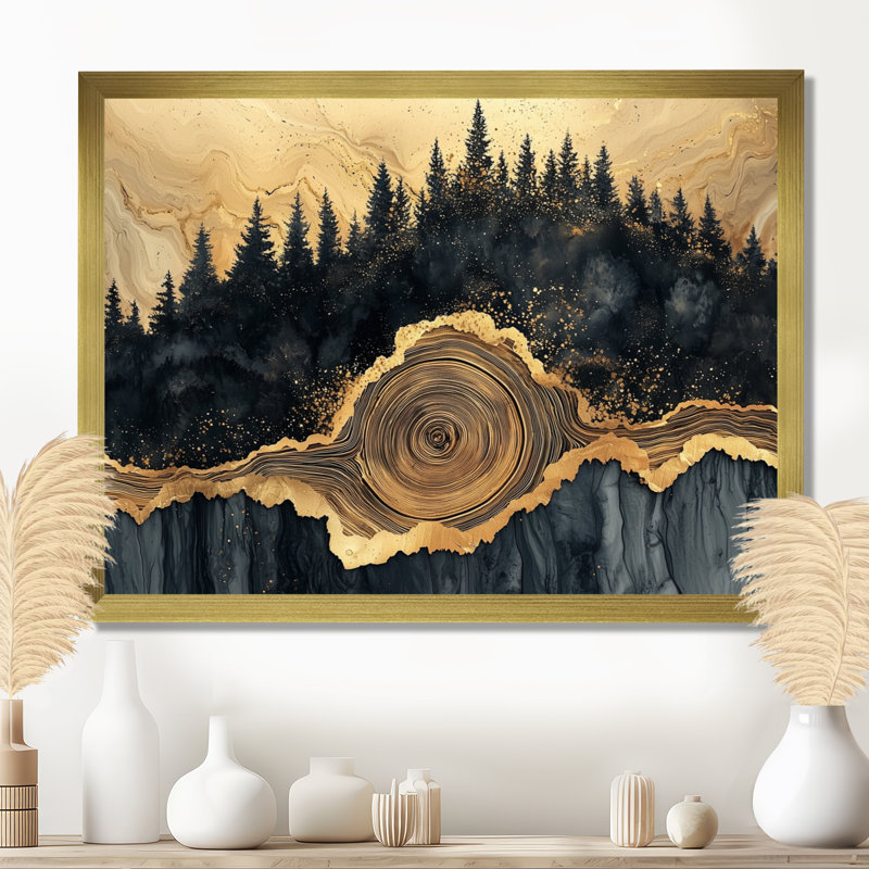 Forêt forêt de cristal onyx noir II - forêt, art mural, H 16 po x l 32 po, Avec cadre, Doré