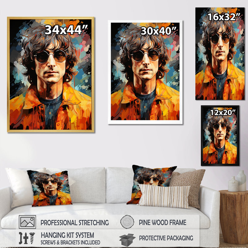 Jaune Popart Lennon Portrait - Portrait Wall Art Living Room_105795, Cadre flottant noir, H 32 po x l 24 po x P 1 po