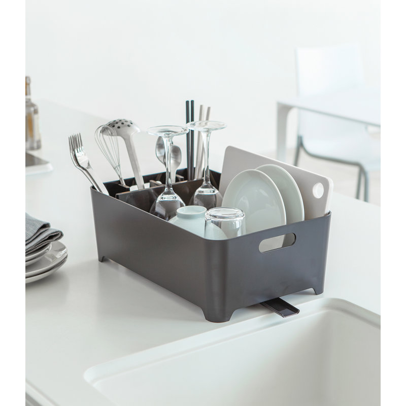 Black Plastic Dish Drying Rack with Utensil Cup