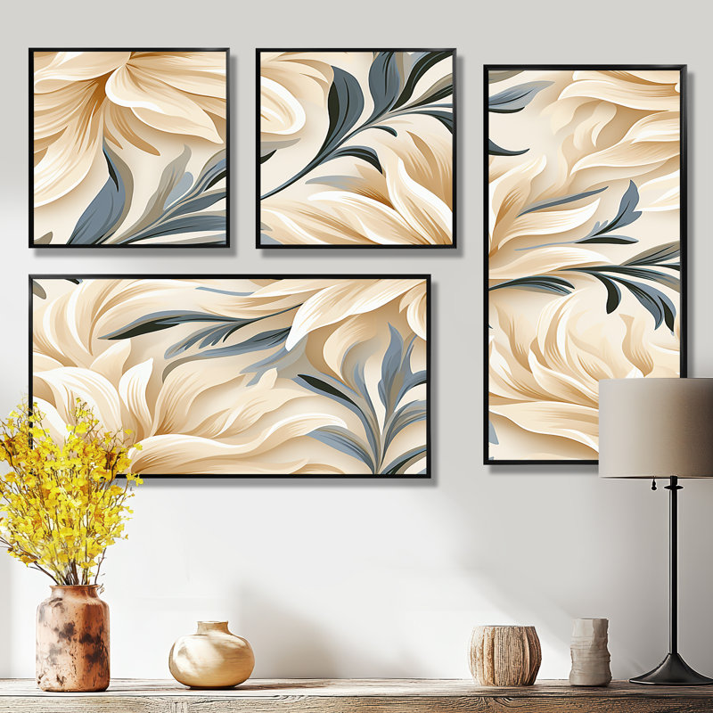 4 pièces, motif tropical de style flottant - Élégance florale côtière tropicale, Noir, Impression encadrée sans passe-partout