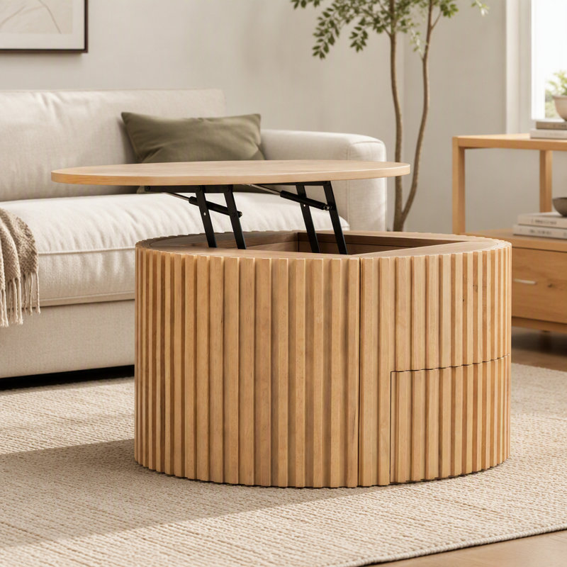 Table basse ronde à plateau relevable, table d'appoint moderne en bois cannelé avec rangement caché pour le salon