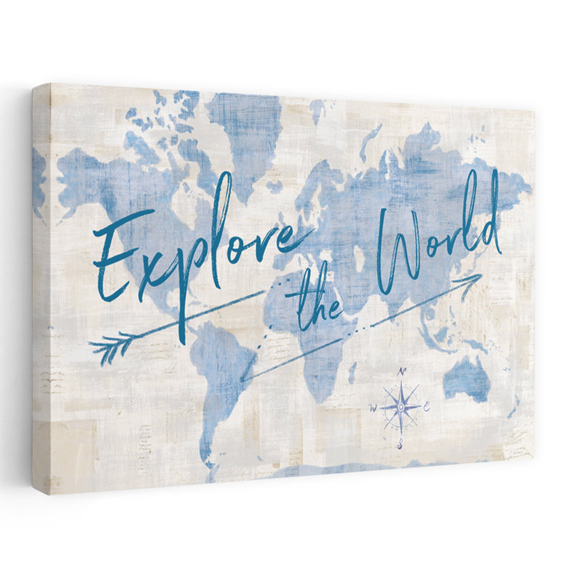 «World Map Collage Explore» contemporain bleu blanc beige Compas, H 36 po x l 24 po