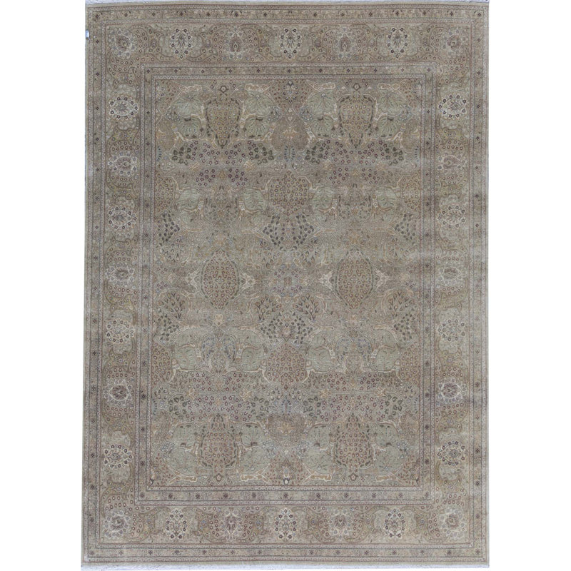 Tapis vert et beige noué à la main de haute qualité