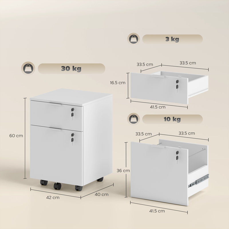 HOMCOM Mobile File Cabinet Wheels 2 Drawer, White/White