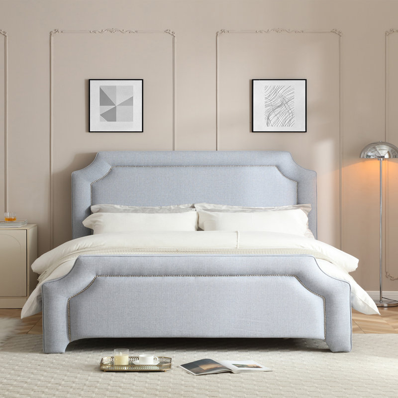 Elegant Upholstered Bed Frame With Nailhead Trim., Texture Blue, King