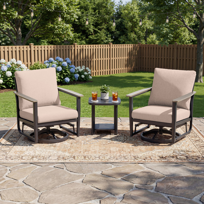 3-Piece Outdoor Aluminum Swivel Rocker Chair Conversation Set With Cushions And Side Table, Taupe