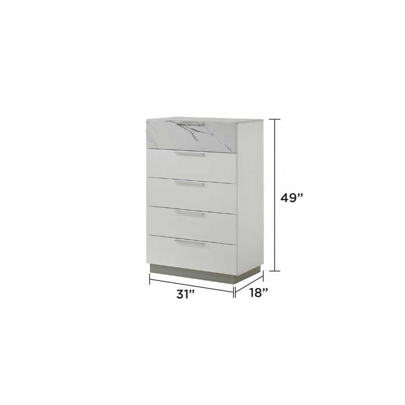 Commode blanche brume - Finition bicolore très brillante en marbre et laque avec cinq tiroirs à glissement lisse, tiroir supérieur doublé de velours