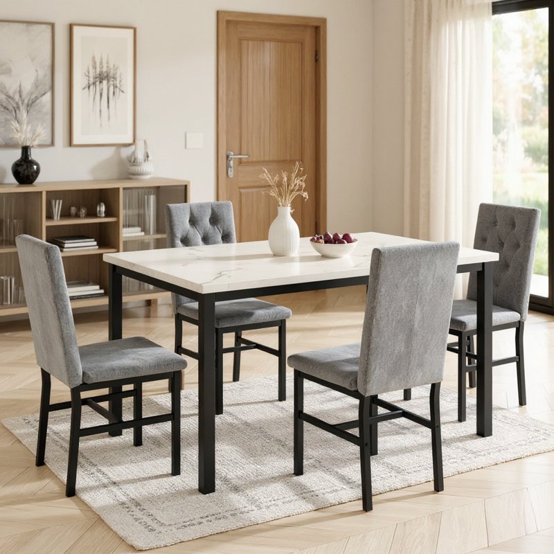 5-Piece Dininng Room Table Set with 4 Uphosltered Dining Chairs, Faux Marble Table Top and Robust Metal Frame Dining Table Set of 5, Space-Saving Design Dinette Set for Home Furniture Kitchen Restaurant