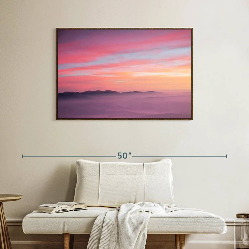 Lever de soleil rose, Cadre flottant en noyer, 40 po x 27 po