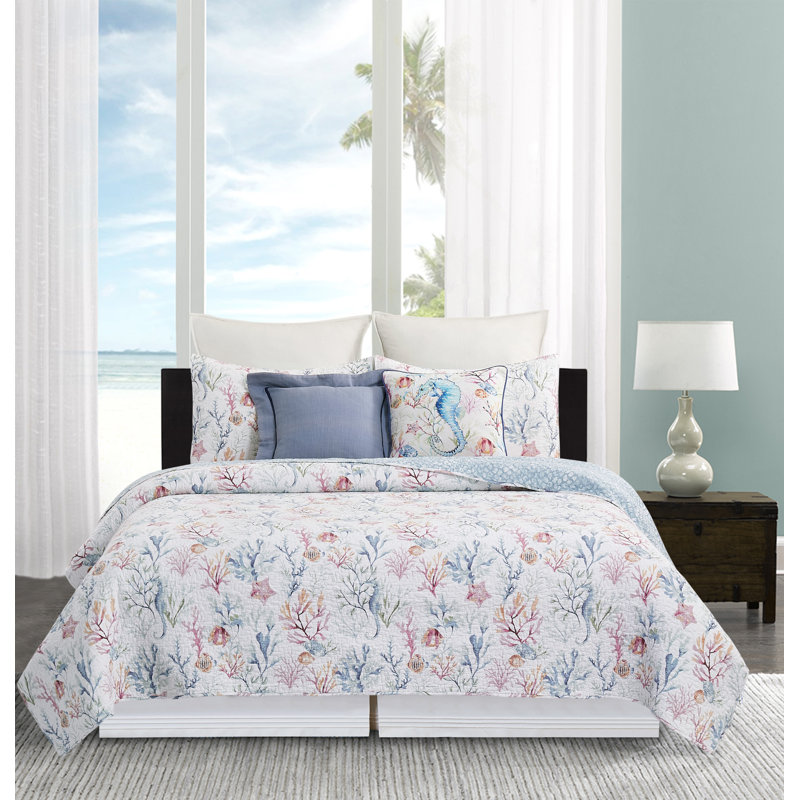 King Size Blue Cotton Reversible Coastal Quilt Set