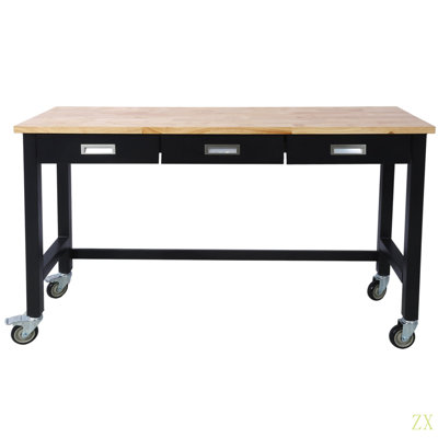 Banc de travail 60 po, banc de travail avec rangement de tiroir, table de travail en bois de bambou robuste avec roulettes pour le bureau à domicile
