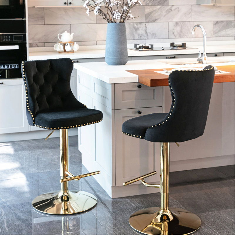 Pivotant doré, hauteur de siège réglable, confortable, velours, moderne, noir, tabourets de bar avec dossier, de 2, pub à domicile, îlot de cuisine, pivotant de 25 à 33 po