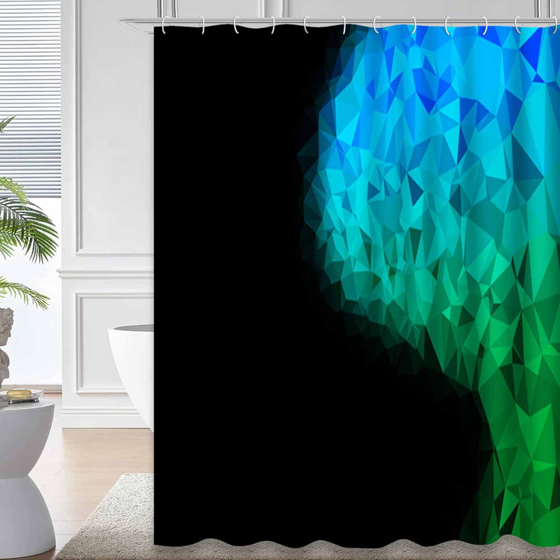 Rideau de douche triangulaire bleu clair à motif géométrique vert avec 12 crochets, L 72 po x l 72 po