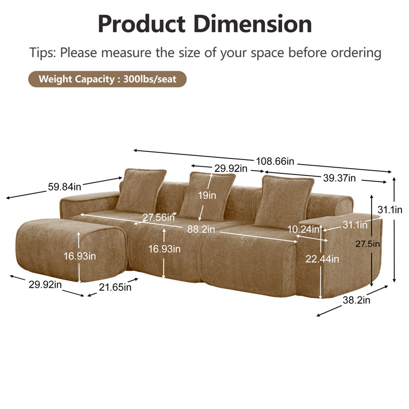 Modular 3 Seat L Shape Sectional Boneless Sofa Streamlined Design  With French Edge Piping, No Assembly Required, 3-Seat Sofa Couch With Throw Pillows And 1 Movable Ottoman, Velvet Fabric