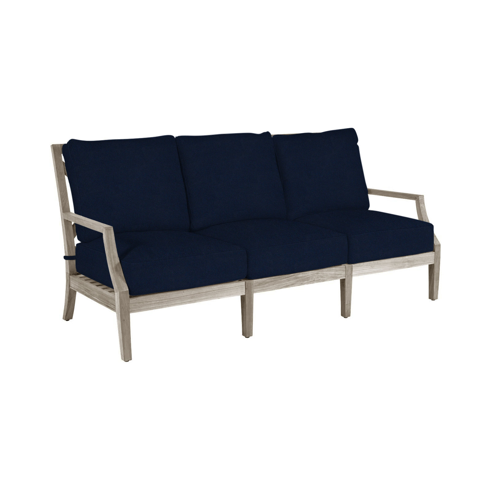 Haley Teak Patio Sofa with Cushions, Oyster Teak, Indigo Velvet, No welt + Standard fill