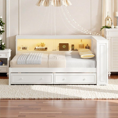 Lit de jour en bois pleine grandeur avec tablettes de rangement, ports USB, éclairage DEL et 2 tiroirs - supporte 600 lb
