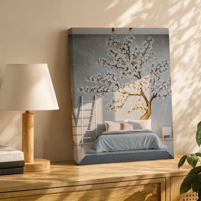 Toile, intérieur de chambre à coucher serein, avec une grande murale artistique d'art mural, un arbre en fleurs blanc avec des fleurs délicates et une toile murale dorée