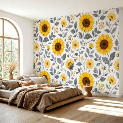 Papier peint adhésif peler et coller tournesols sans soudure noir et blanc style papier autocollant amovible pour décoration de salon H 69 po x l 96 po