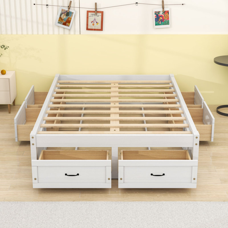 Wooden Platform Bed with 6 Drawers, Antique White, Full