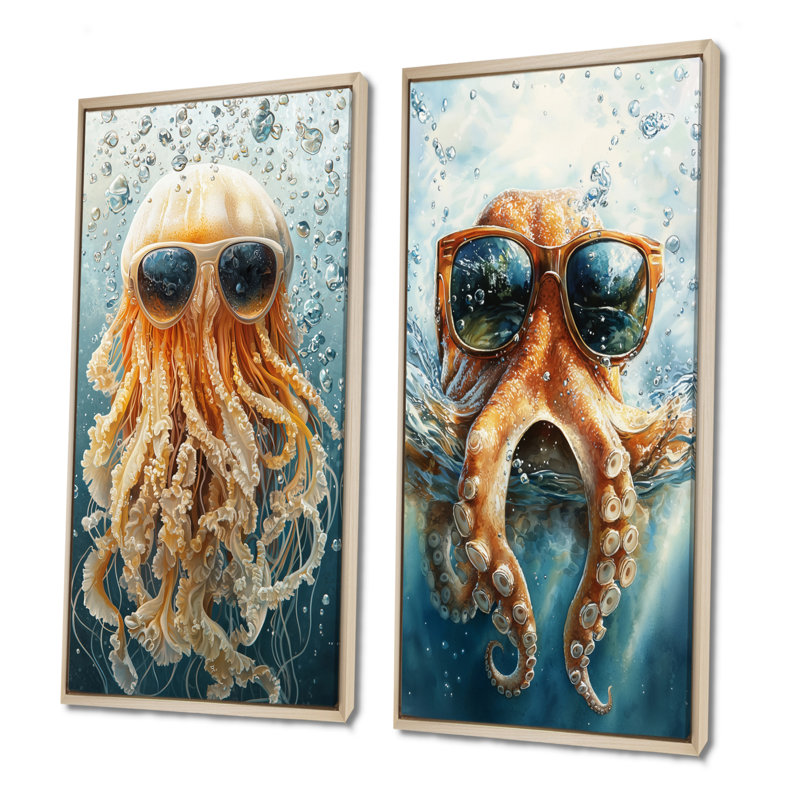 Pieuvre orange avec lunettes dans l'océan I - ensemble d'art mural méduse 2 pièces, H 32 po x l 32 po, Impression encadrée