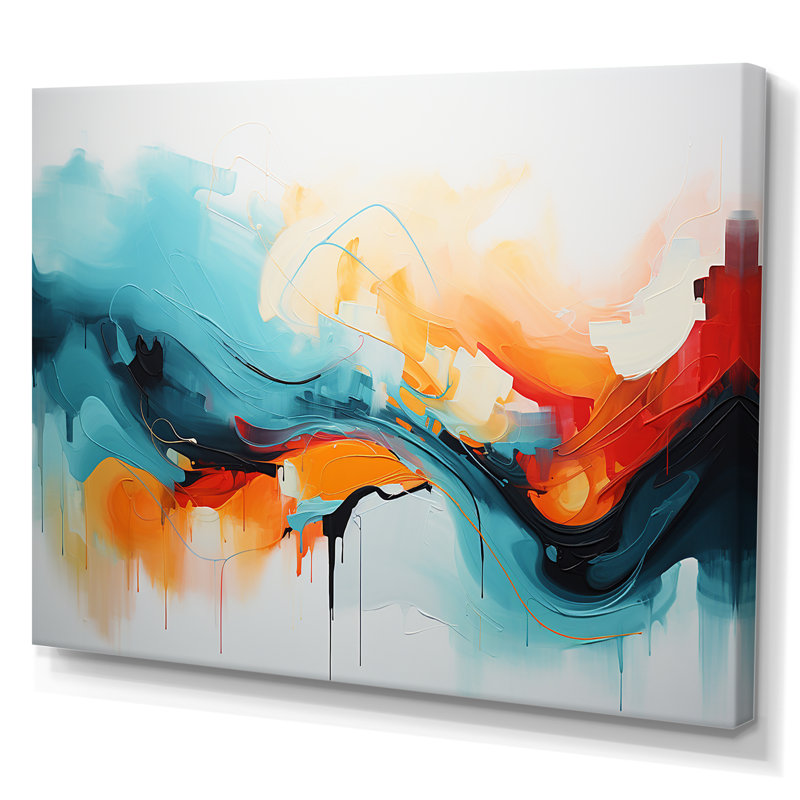 Bleu et orange, vagues abstraites colorées IV - art mural abstrait, Toile tendue, H 34 po x l 44 po x P 1,5 po